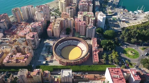 Aerial 4K video from drone to of Malaga bullfighting corrida arena. Stock Footage 252153602