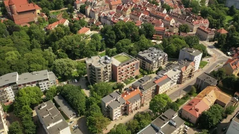Aerial 4K video from drone to of old town of Olsztyn.Poland Stock Footage 189276791