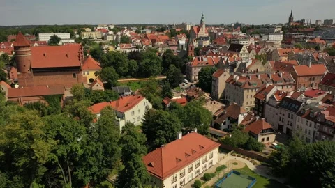 Aerial 4K video from drone to of old town of Olsztyn.Poland Stock Footage 189277490