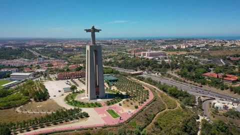 Aerial 4K video from drone to Sanctuary of Christ the King in Portuguese Stock Footage 261925952