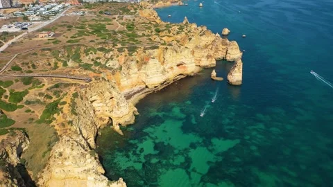 Aerial 4K video to Ponta da Piedade near Lagos in Algarve, Portugal Stock Footage 320589068