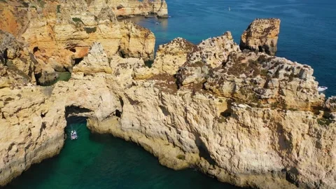 Aerial 4K video to Ponta da Piedade near Lagos in Algarve, Portugal Stock Footage 320589162