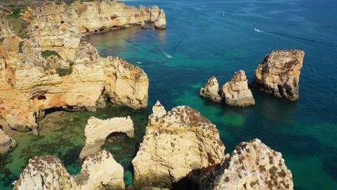Aerial 4K video to Ponta da Piedade near Lagos in Algarve, Portugal Stock Footage 320589166