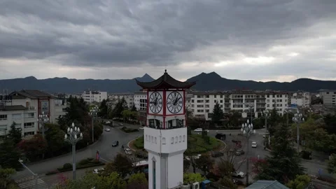 Aerial 4K view of Clock Tower in Lijiang, Yunnan, China Stock Footage 279636379