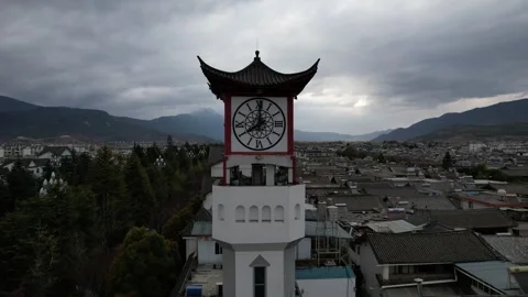 Aerial 4K view of Clock Tower in Lijiang, Yunnan, China Stock Footage 279637389
