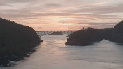 Aerial 4K View of the Deception Pass Bridge at Sunset Stock Footage 206473229