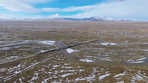 Aerial 4K View of the First Bridge at Yellow River Source Stock Footage 294729611
