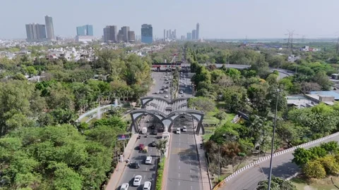 Aerial 4k view of Noida Entry Gate, Welcome to Noida, in Noida, Uttar Pradesh Stock Footage 331031656