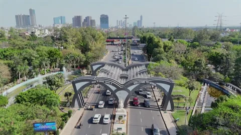 Aerial 4k view of Noida Entry Gate, Welcome to Noida, in Noida, Uttar Pradesh Stock Footage 331031687