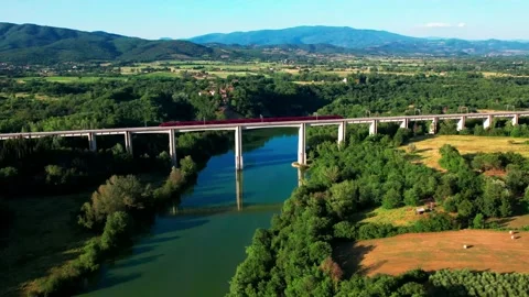 Aerial 4K view Same time crossing couple trains NTV Italo AGV 495 Rail high  Stock Footage 196255019