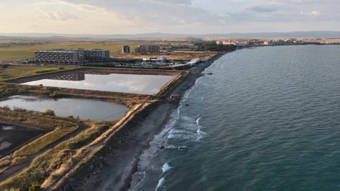Aerial 4K View of Wave Resort Pomorie, Historic WWII Beach Bunker and Pink Salt  Video stock 342013425