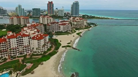 Aerial 4K Virginia Key and Fisher Island in Key Biscayne, Florida Video stock 59125508