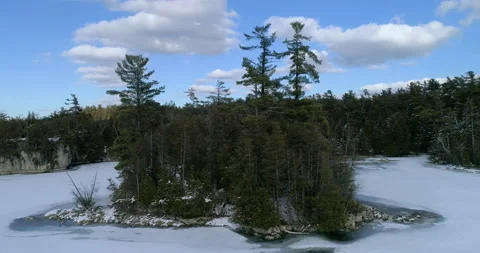 Aerial 90 Degrees Around Pine Trees On Frozen Winter Lake And Clouds In Blue Sky Stock Footage 162148480