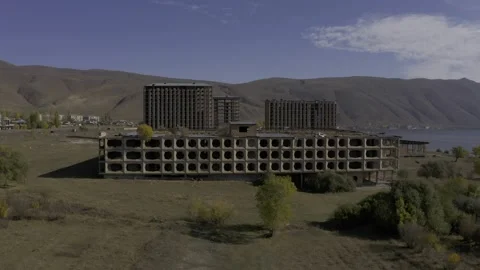 Aerial, Abandoned Buildings Along The Sevan Lake, Armenia Stock Footage 172230523
