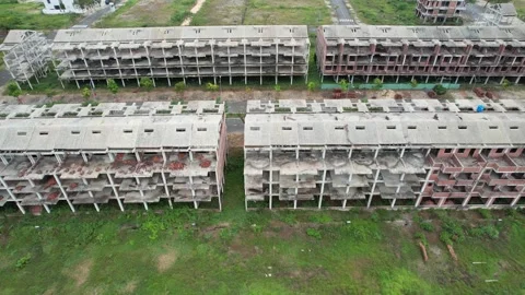 Aerial Abandoned Construction Decay Site Footage Stock Footage 264558905