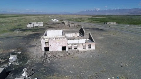 Aerial of abandoned village in Altai steppe near Mongolia Stock Footage
