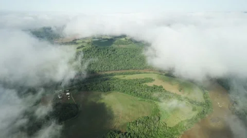 Aerial above the clouds over beautiful green fields and a river. Low clouds. Stock Footage 233217980