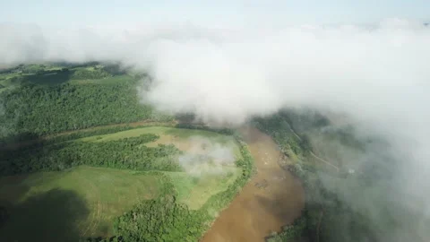 Aerial above the clouds over beautiful green fields and a river. Drone. 4K. Stock Footage 233218001