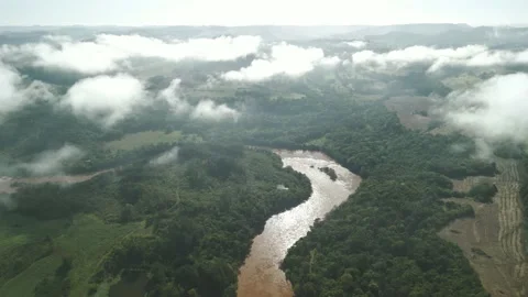 Aerial above the clouds over beautiful river and forest. Drone. 4K. Stock Footage 233218034