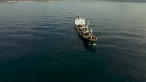Aerial, Above, Front view, Cargo Ship, Crane, Calm, Morning Stock Footage 162620116