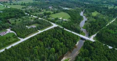 Aerial Above Nice River Where Rural Roads Meet In Country Side Forest Landscape Stock-Footage 200036073