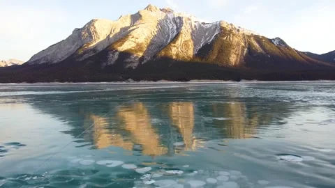 Aerial Abraham Lake Mountain Reflection Winter Landscape Alberta Flyover Stock Footage 339824208