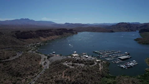 Aerial of an active summer day of boating on Saguaro Lake in Arizona Stock Footage 243529542