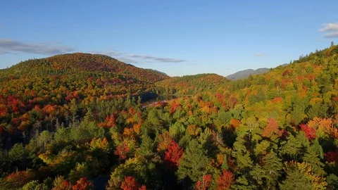 Aerial of Adirondack fall foliage colors to reveal a mountain pond under a Stock Footage