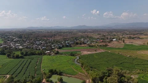 Aerial Agricultural Fields with Mountain Background and Dusty Sky Stock Footage 328686834