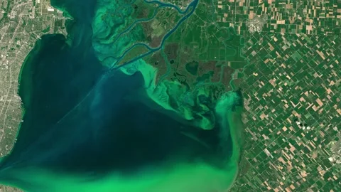 Aerial of an algae bloom on Lake St. Clair. Exclusive Stock Footage 201636074