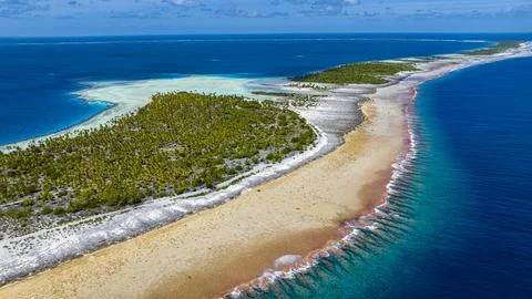 Aerial of the Amaru atoll, Tuamotu Islands, French Polynesia, South Pacific, Stock Photos