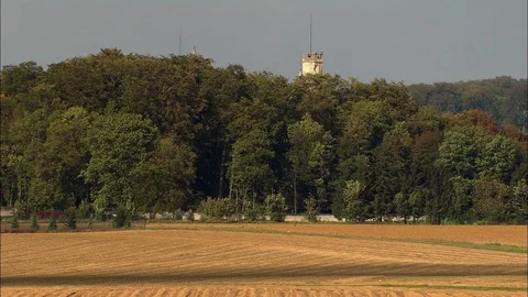 Aerial of ancient castle surrounded by forest trees, Chateau De Pierrefonds Stock Footage 108594870