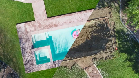 Aerial of The Before and After Building of A Back Yard Swimming Pool. Stock Footage 309212675