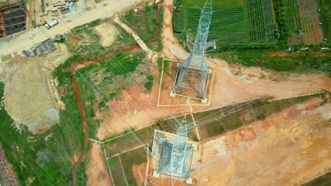 Aerial and ground view of high-voltage transmission towers and electrical s.. Stock Footage 320187403