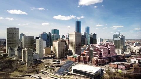 Aerial angle of Edmonton, Alberta's skyline Stock Footage