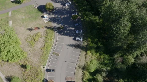 Aerial Angled View of Weaving Parking Lot by Forest Trees Stock Footage 149632433