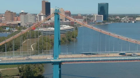 Aerial: Anthony Wayne Bridge over Maumee River. Toledo, Ohio, USA Stock Footage 122794366