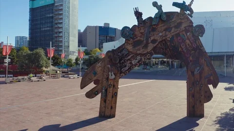 Aerial: Aotea Square empty during lockdown, Auckland, NZ Stock Footage 127495558