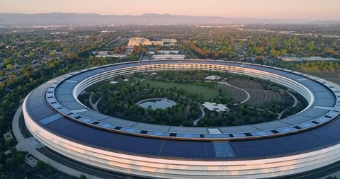 Aerial Of Apple Campus In Sunnyvale / Cupertino Silicon Valley, USA Stock Footage