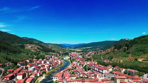 Aerial approach 4K view Bridge Pontassieve village Tuscany Italy Sieve river 스톡 동영상 197204892