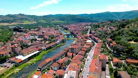 Aerial approach 4K view three Bridge Sieve river Pontassieve village Tuscany IT 스톡 동영상 197205761