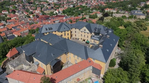 Aerial approach and top-down of Blankenburg castle slate roofs and courtyard 스톡 동영상 337979080