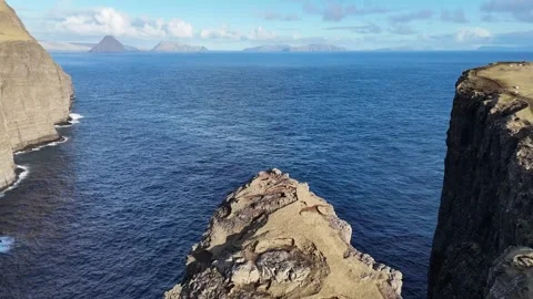 Aerial Approach to Cliff Edge with Downward Tilt at Slave Cliffs – Faroe Islands Stock Footage 313496952