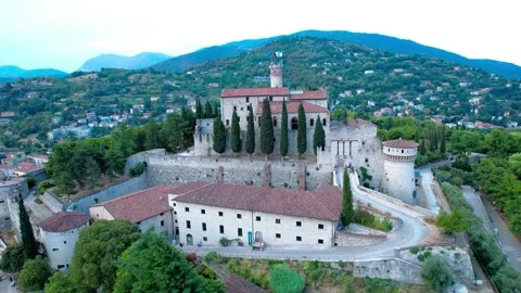 Aerial approach drone flight view Brescia medieval castle above town 4K 스톡 동영상 202592114