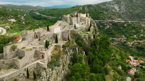 Aerial approach of the fortress Klis in Split, Croatia Stock Footage 219601127