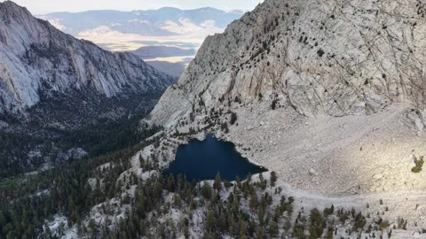 Aerial Approach Over Lone Pine Lake With Owens Valley Beyond Vídeos de archivo 343159498