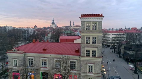 Aerial approach over old stone fire station flying over to Tallinn old town Stock Footage 88680971