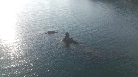 Aerial Approach To Sea Stack And Rocky Reef At Otago Beach, Nishi-Izu, Japan Stock Footage 346797852