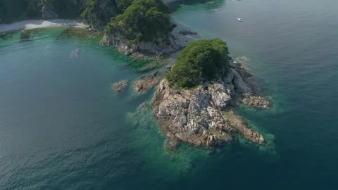 Aerial Approach Toward Isolated Tree Covered Rock in Clear Primorye Lagoon Stock Footage 346743943