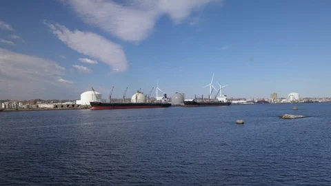 Aerial approaching container vessel ship in port Stock Footage 129451380